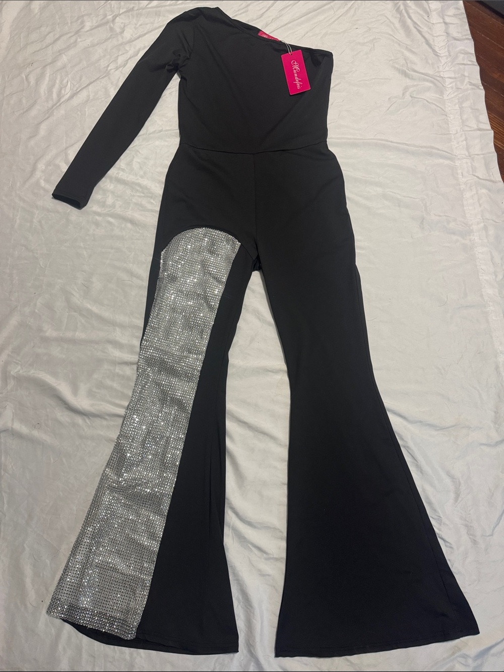 NWT Mundefeis Black One Shoulder Rhinestone Jumpsuit Flare Leg Party Romper S